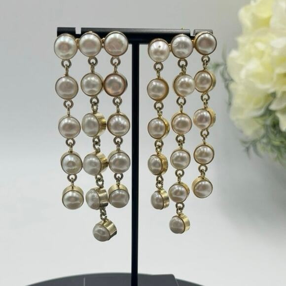 SHASHI Naya White Pearl Designer Dangle Three Triple Row Drop Earrings - Picture 1 of 14